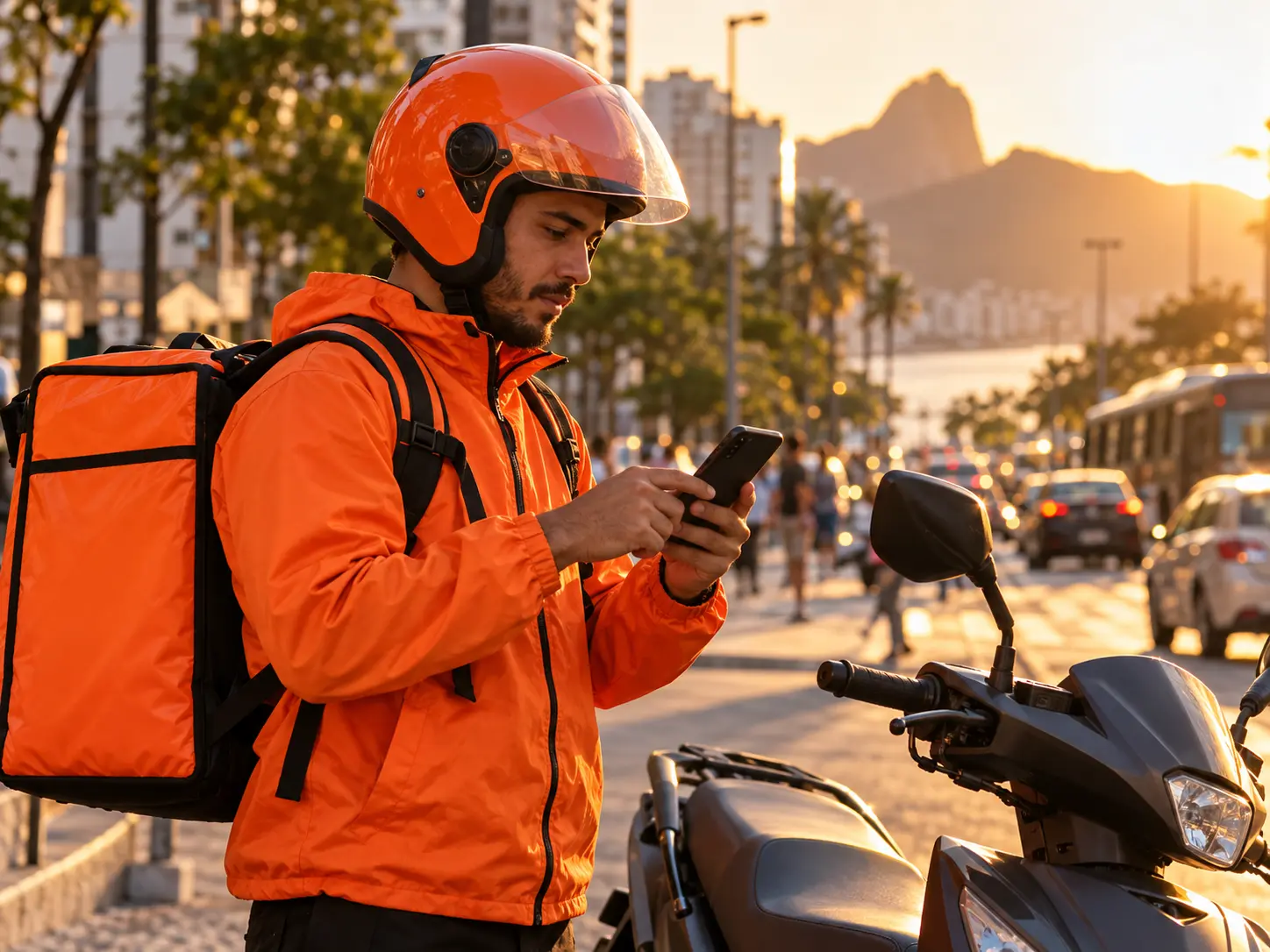 Entregador com capacete e mochila laranja consultando o celular ao lado de uma scooter