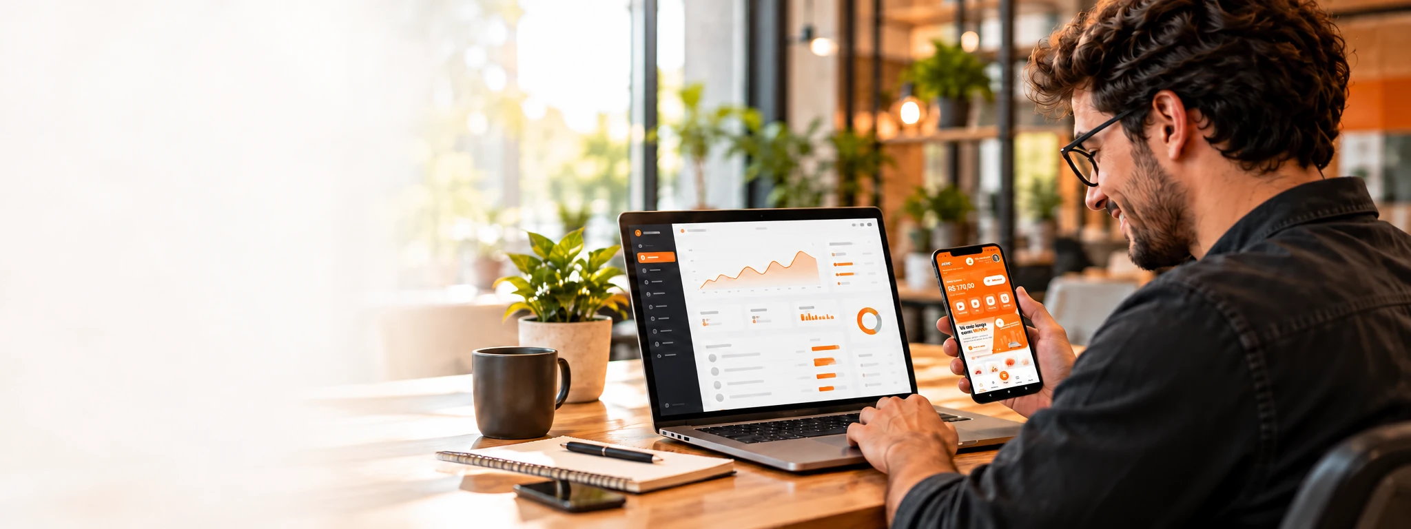 Empreendedor usando notebook com painel digital e aplicativo Smove no celular